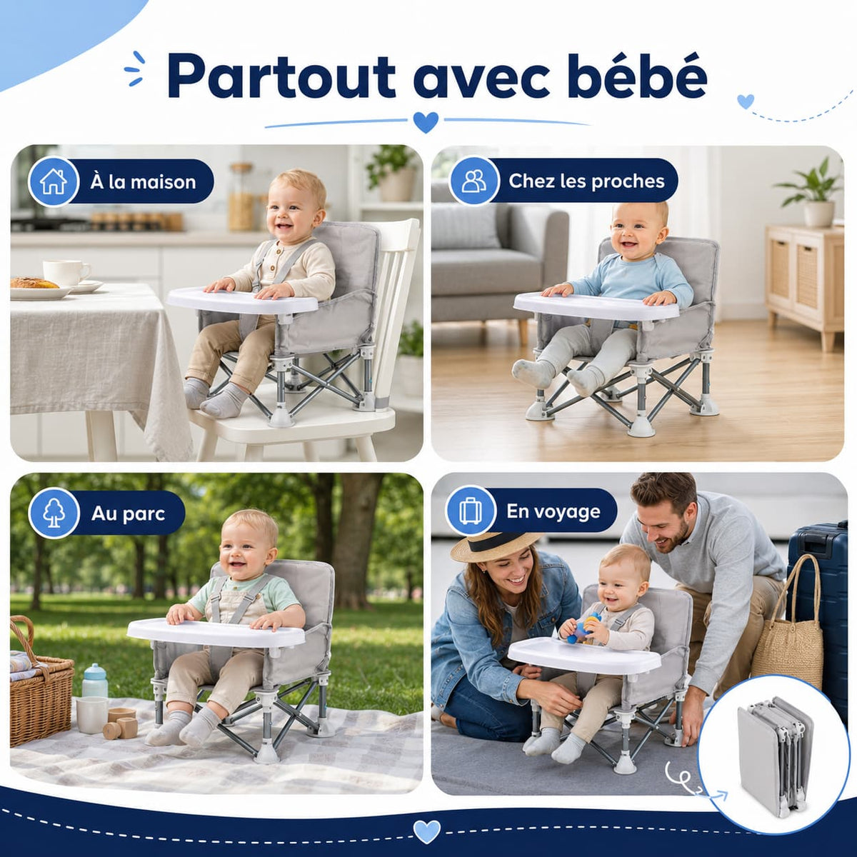 Chaise Repas Bébé Nomade Pliable avec Plateau Amovible