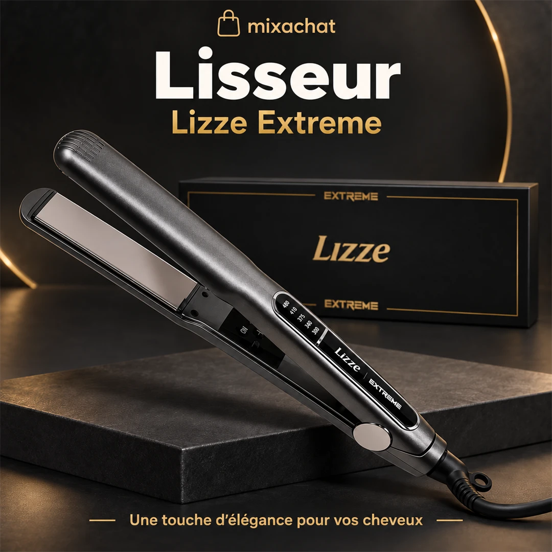 Lisseur Lizze Extreme gris métallisé devant sa boîte noire et dorée