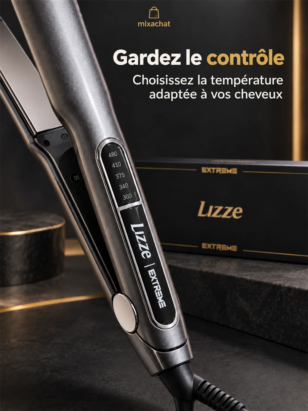 Panneau des niveaux de température sur le manche du lisseur Lizze Extreme