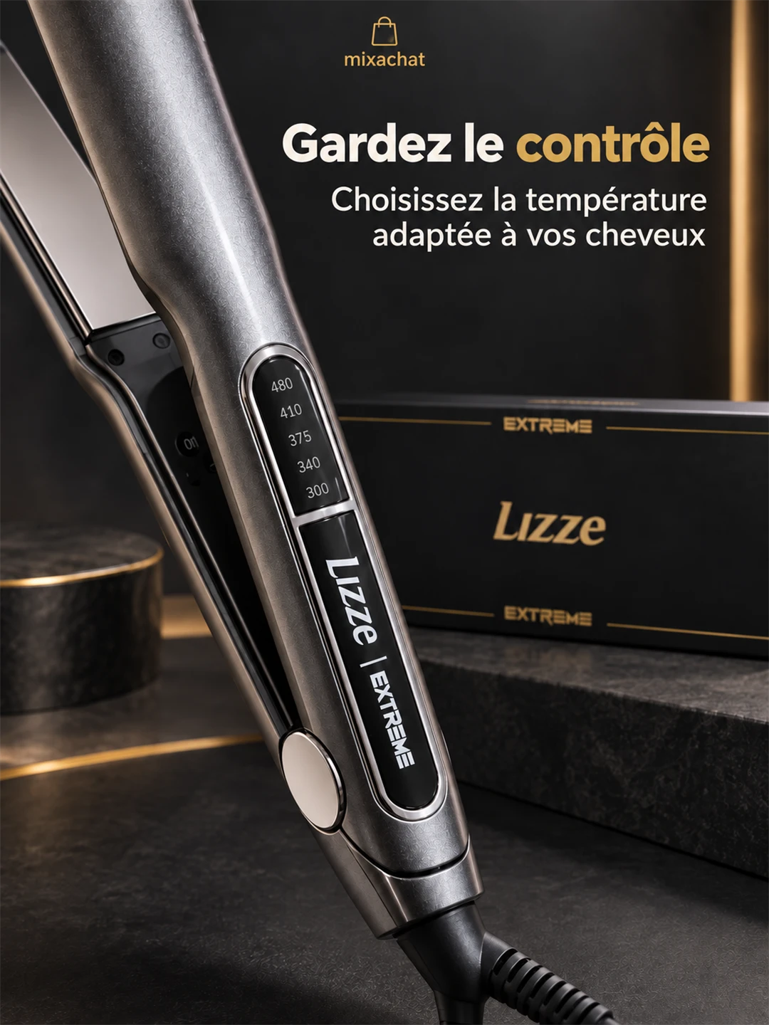 Panneau des niveaux de température sur le manche du lisseur Lizze Extreme