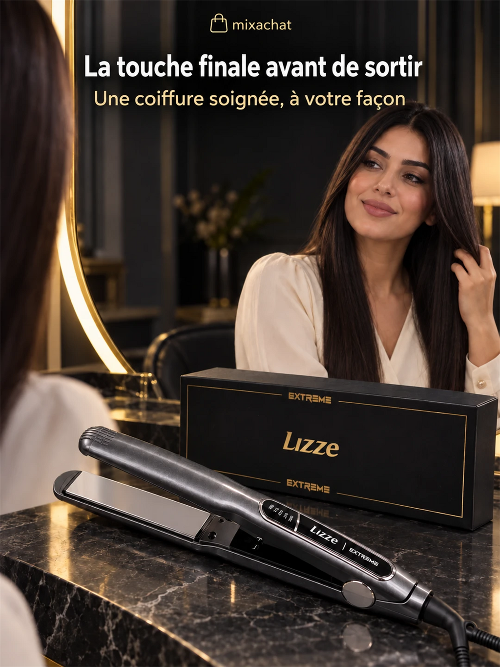 Femme aux cheveux lisses devant le miroir avec le lisseur Lizze Extreme et sa boîte