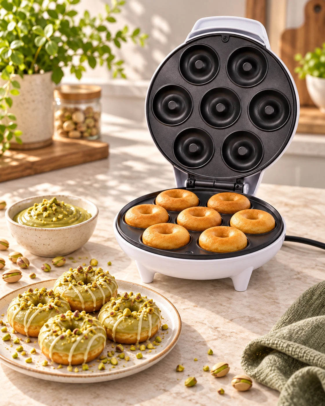 Machine à mini donuts ouverte avec 7 donuts cuits et des donuts à la pistache – آلة ميني دونات مفتوحة فيها 7 قطع مطهوّة ودونات بالفستق
