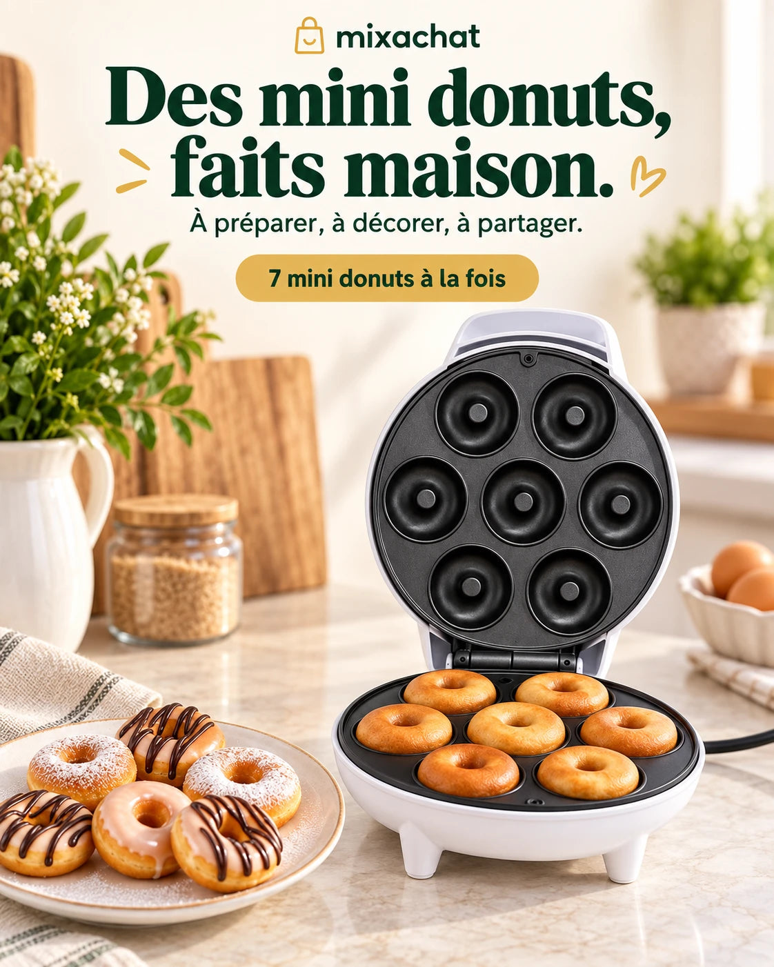 Machine à mini donuts blanche à 7 empreintes avec des mini donuts dorés, et une assiette de donuts décorés