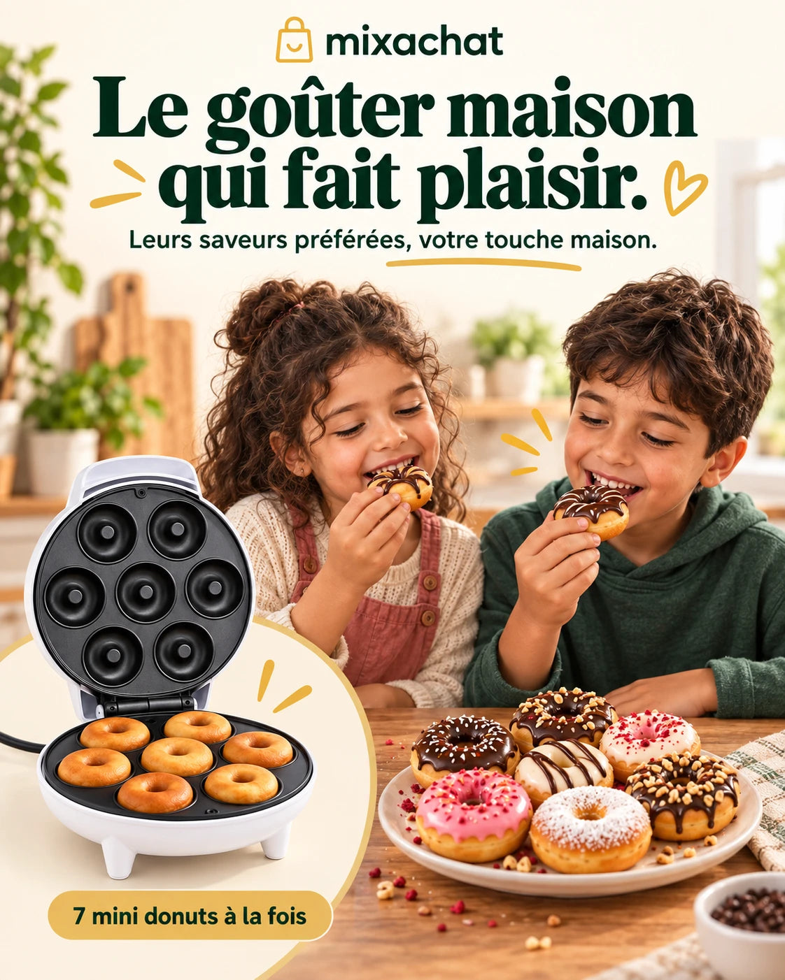 Deux enfants dégustent des mini donuts maison au goûter, à côté de la machine à 7 empreintes