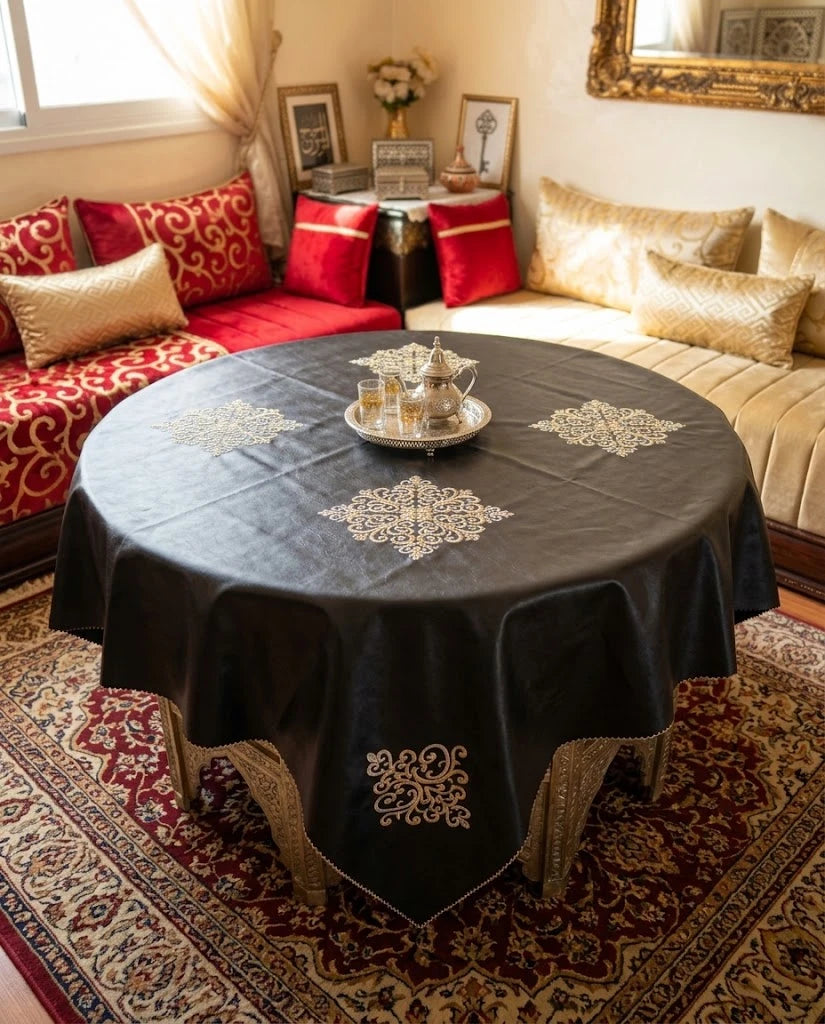 Nappe brodée noire sur une table de salon marocain ronde, avec plateau à thé – غطاء طاولة مطرّز أسود في صالون مغربي