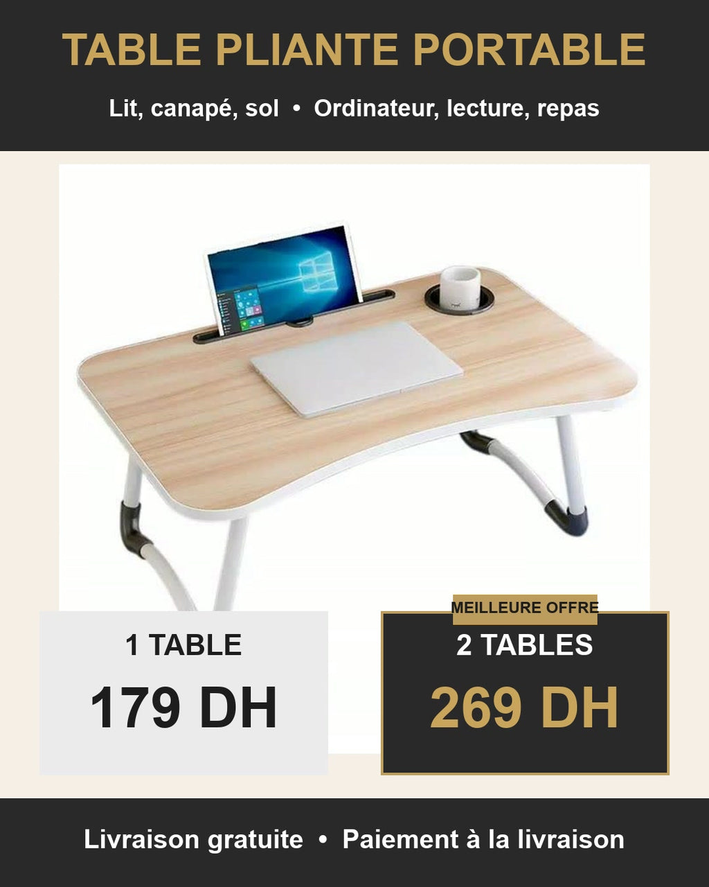Table pliante portable : 1 table 179 DH, 2 tables 269 DH