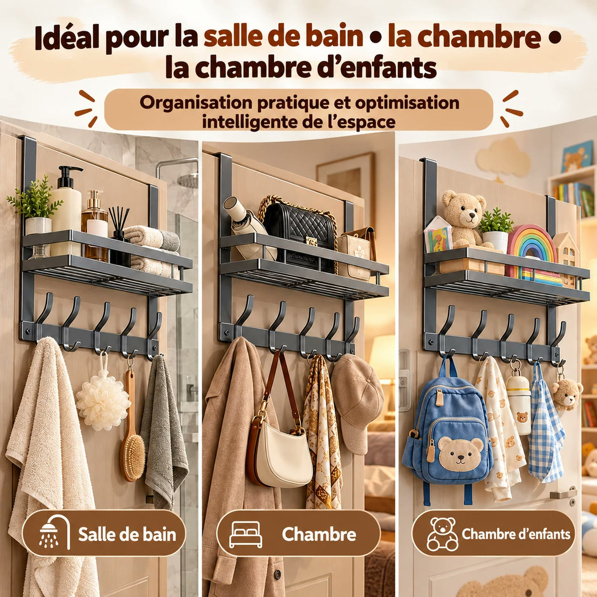 Porte-manteau de porte pour salle de bain, chambre et chambre d’enfants
