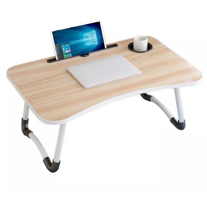 Table pliante coloris bois avec encoche tablette et porte-gobelet