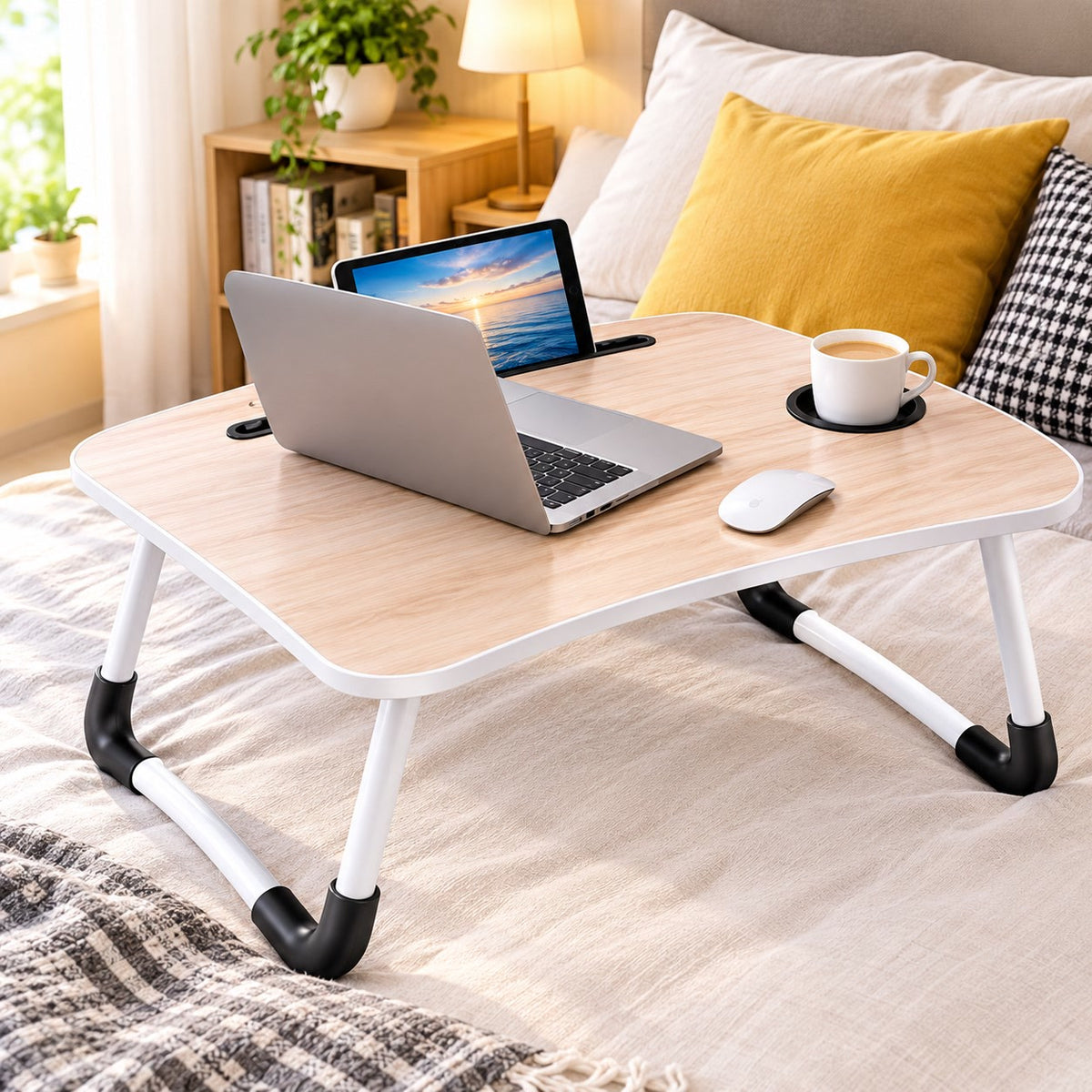 Table pliante sur le lit avec ordinateur portable